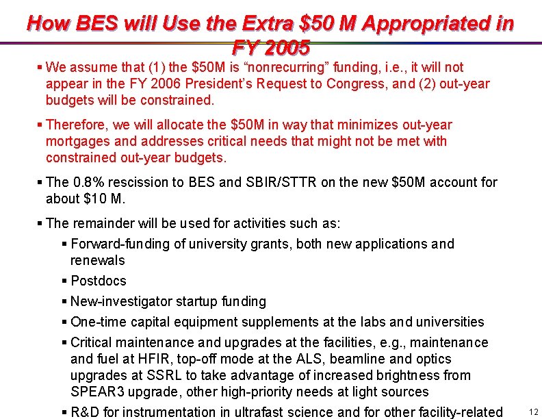 How BES will Use the Extra $50 M Appropriated in FY 2005 § We