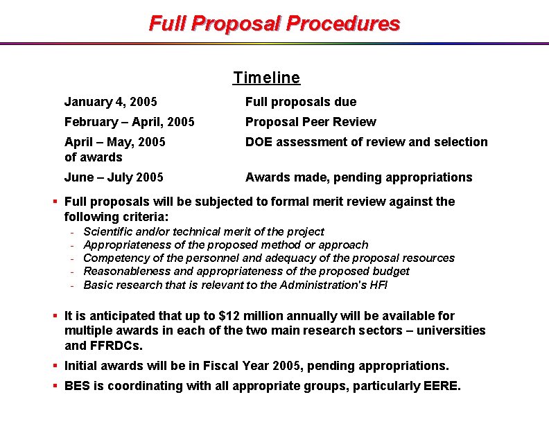 Full Proposal Procedures Timeline January 4, 2005 Full proposals due February – April, 2005