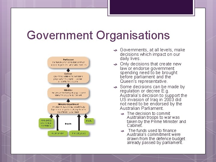 Government Organisations Governments, at all levels, make decisions which impact on our daily lives.