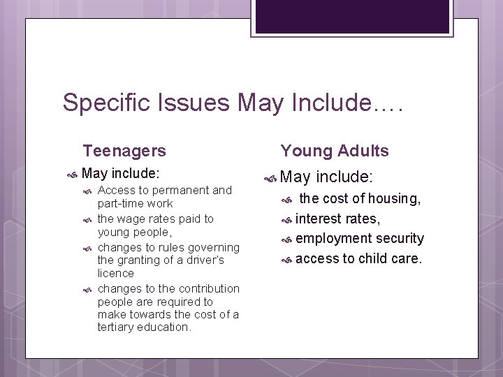 Specific Issues May Include…. Teenagers May include: Access to permanent and part-time work the