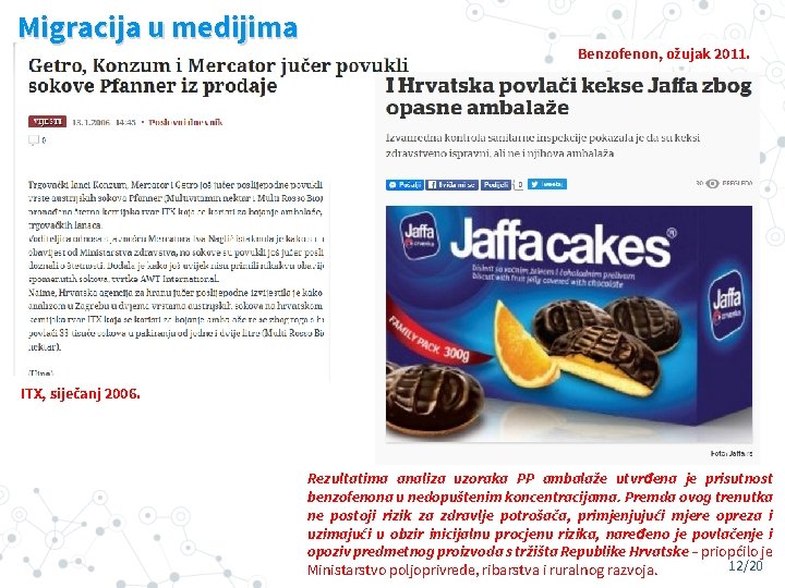 Migracija u medijima Benzofenon, ožujak 2011. ITX, siječanj 2006. Rezultatima analiza uzoraka PP ambalaže