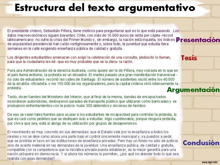 Estructura del texto argumentativo El presidente chileno, Sebastián Piñera, tiene motivos para preguntarse qué