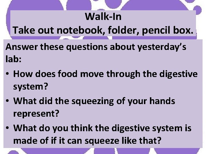 Walk-In Take out notebook, folder, pencil box. Answer these questions about yesterday’s lab: •