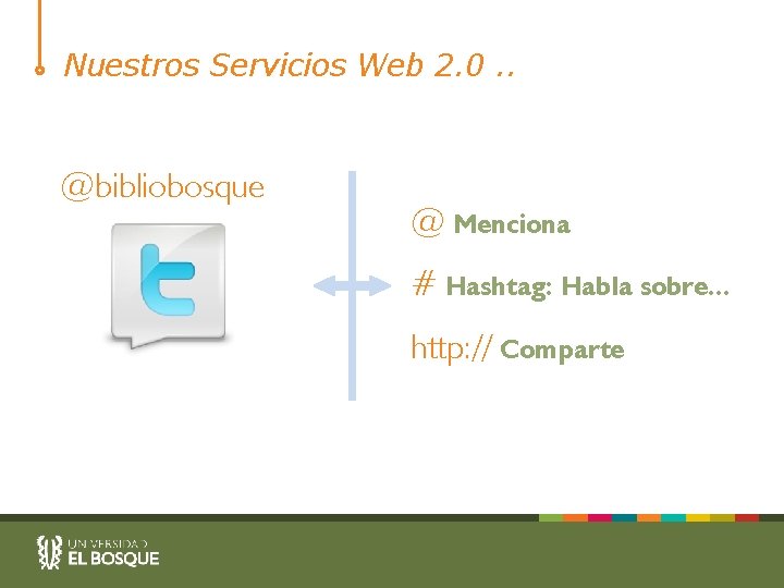 Nuestros Servicios Web 2. 0. . @bibliobosque @ Menciona # Hashtag: Habla sobre. .
