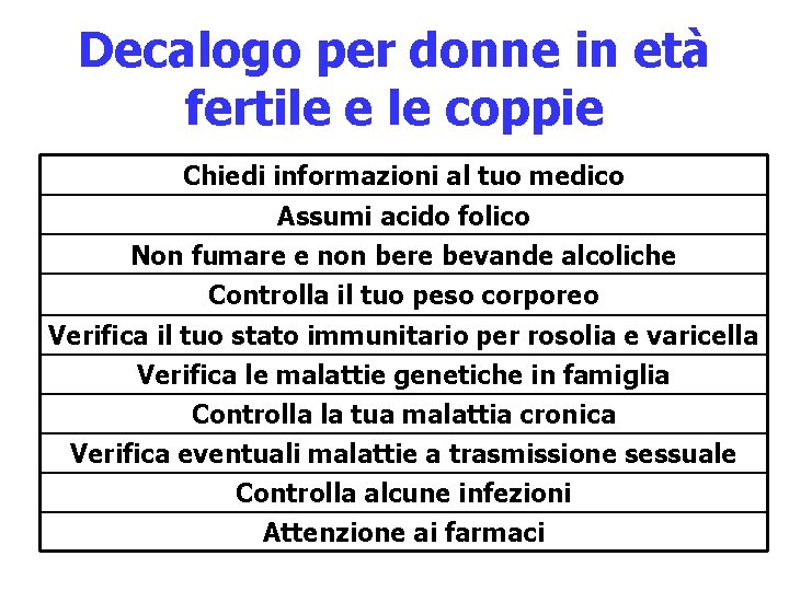 Decalogo per donne in età fertile e le coppie Chiedi informazioni al tuo medico