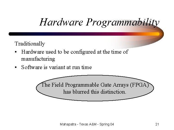 Hardware Programmability Traditionally • Hardware used to be configured at the time of manufacturing