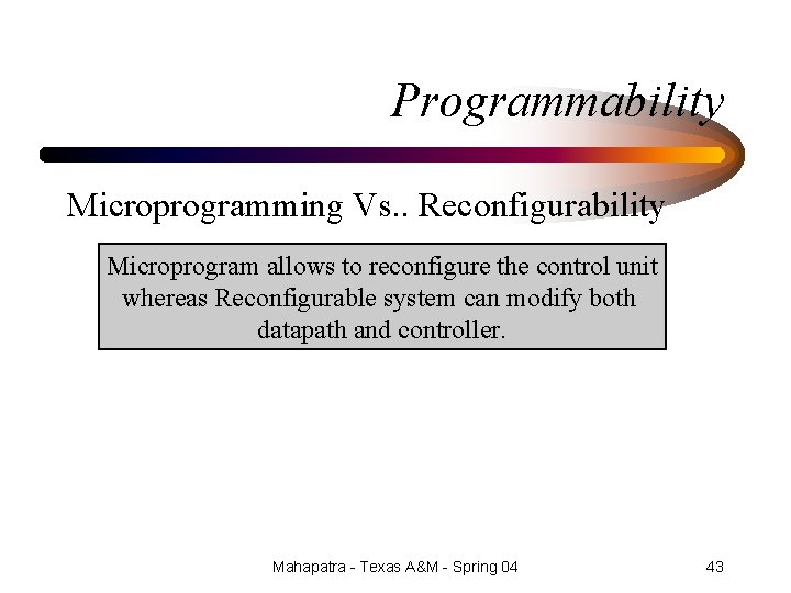 Programmability Microprogramming Vs. . Reconfigurability Microprogram allows to reconfigure the control unit whereas Reconfigurable