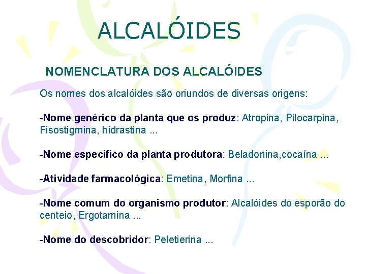 ALCALÓIDES NOMENCLATURA DOS ALCALÓIDES Os nomes dos alcalóides são oriundos de diversas origens: -Nome