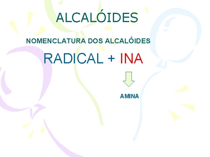 ALCALÓIDES NOMENCLATURA DOS ALCALÓIDES RADICAL + INA AMINA 
