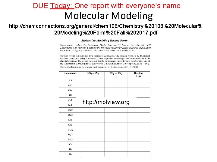DUE Today: One report with everyone’s name Molecular Modeling http: //chemconnections. org/general/chem 108/Chemistry%20108%20 Molecular%