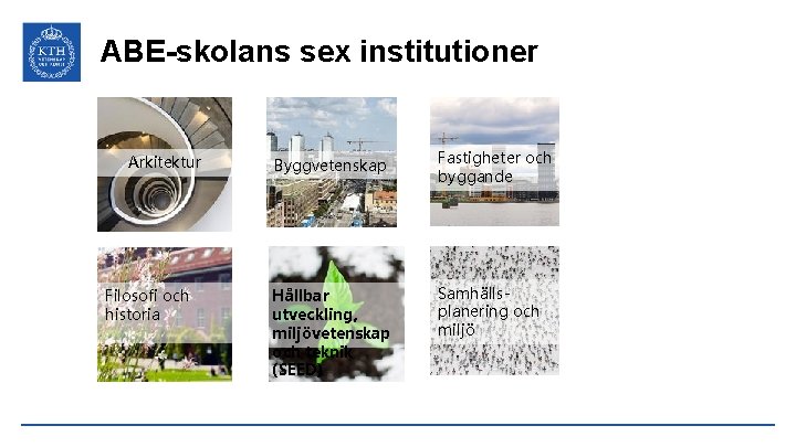 ABE-skolans sex institutioner Arkitektur Filosofi och historia Byggvetenskap Fastigheter och byggande Hållbar utveckling, miljövetenskap