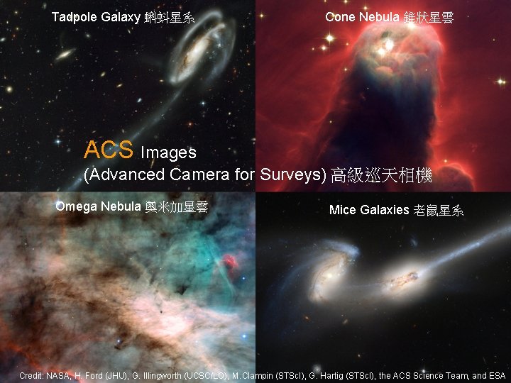 Tadpole Galaxy 蝌蚪星系 Cone Nebula 錐狀星雲 ACS Images (Advanced Camera for Surveys) 高級巡天相機 Omega