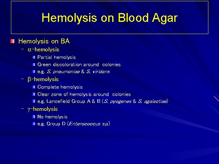 Hemolysis on Blood Agar Hemolysis on BA – -hemolysis Partial hemolysis Green discoloration around
