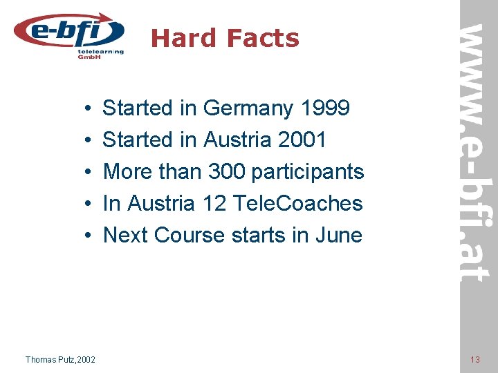 Hard Facts • • • Thomas Putz, 2002 Started in Germany 1999 Started in