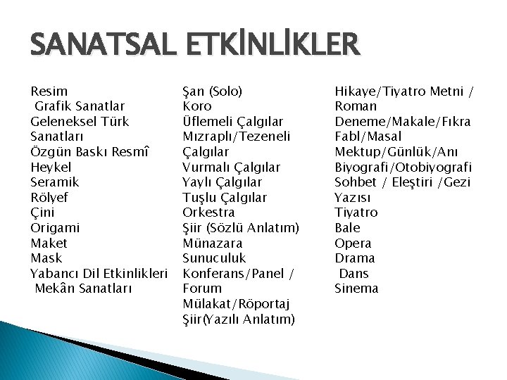 SANATSAL ETKİNLİKLER Resim Grafik Sanatlar Geleneksel Türk Sanatları Özgün Baskı Resmî Heykel Seramik Rölyef