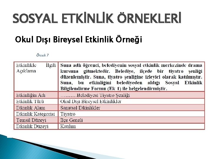 SOSYAL ETKİNLİK ÖRNEKLERİ Okul Dışı Bireysel Etkinlik Örneği 