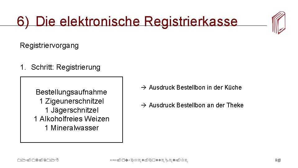 6) Die elektronische Registrierkasse Registriervorgang 1. Schritt: Registrierung Bestellungsaufnahme 1 Zigeunerschnitzel 1 Jägerschnitzel 1