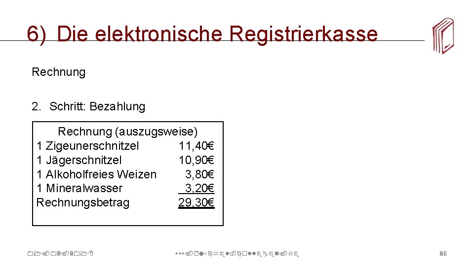 6) Die elektronische Registrierkasse Rechnung 2. Schritt: Bezahlung Rechnung (auszugsweise) 1 Zigeunerschnitzel 11, 40€