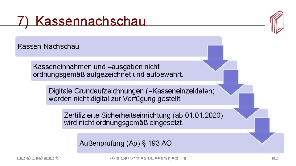 7) Kassennachschau Übergang von Kassen-Nachschau zur Außenprüfung Kassen-Nachschau Kasseneinnahmen und –ausgaben nicht ordnungsgemäß aufgezeichnet