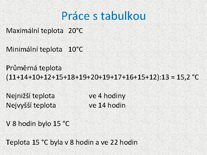 Práce s tabulkou Maximální teplota 20°C Minimální teplota 10°C Průměrná teplota (11+14+10+12+15+18+19+20+19+17+16+15+12): 13 =