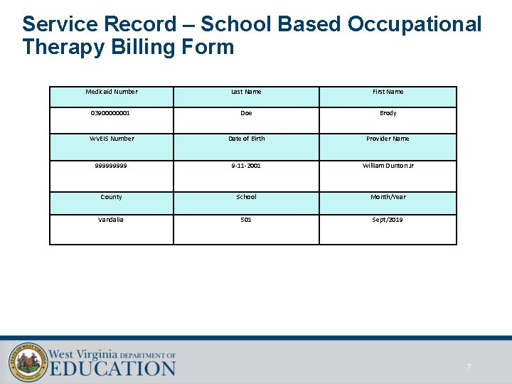 Service Record – School Based Occupational Therapy Billing Form Medicaid Number Last Name First