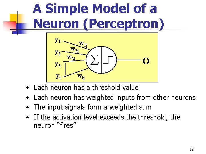 A Simple Model of a Neuron (Perceptron) y 1 y 2 y 3 yi