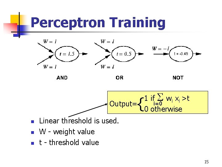 Perceptron Training 1 if wi xi >t i=0 Output= 0 otherwise { n n