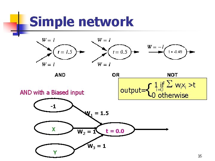 Simple network 1 if wixi >t output= i=0 0 otherwise { AND with a