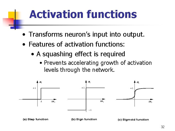 Activation functions • Transforms neuron’s input into output. • Features of activation functions: •
