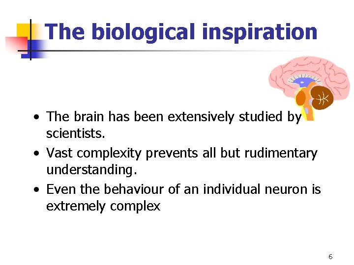 The biological inspiration • The brain has been extensively studied by scientists. • Vast