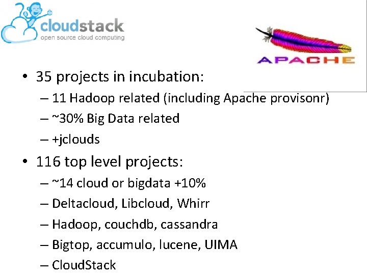  • 35 projects in incubation: – 11 Hadoop related (including Apache provisonr) –