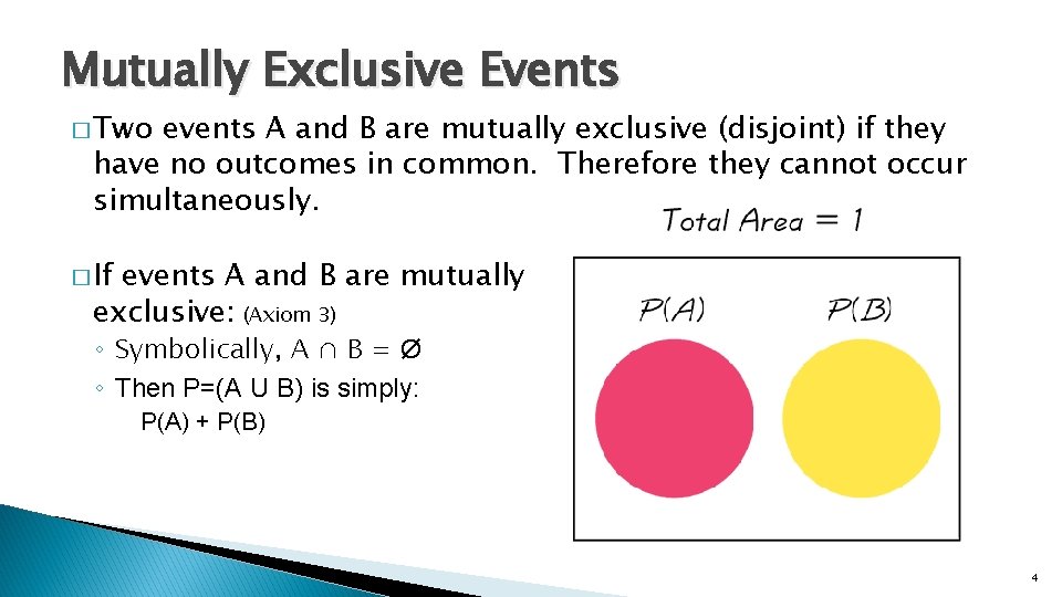 Mutually Exclusive Events � Two events A and B are mutually exclusive (disjoint) if