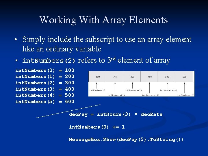 Working With Array Elements • Simply include the subscript to use an array element