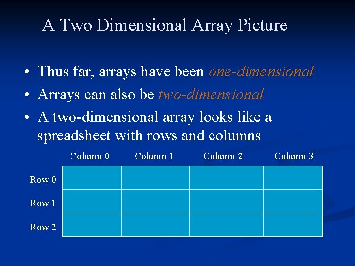 A Two Dimensional Array Picture • Thus far, arrays have been one-dimensional • Arrays