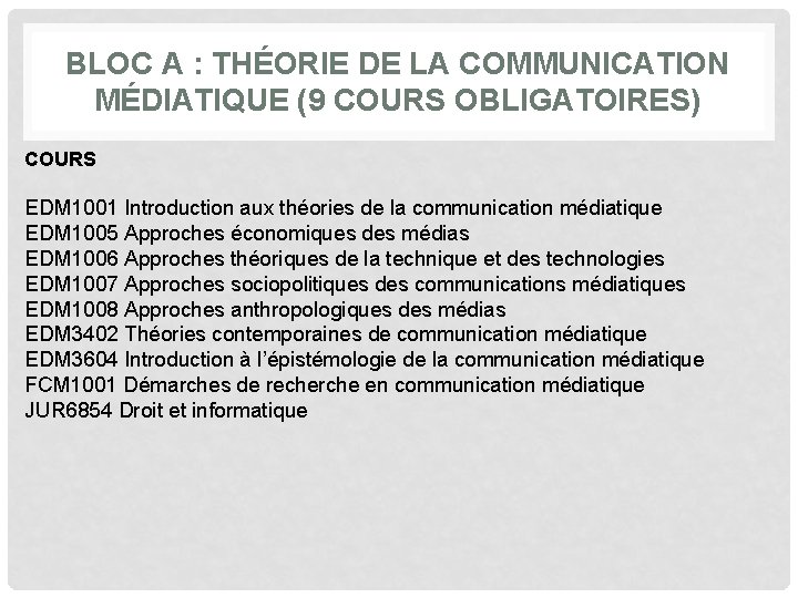 BLOC A : THÉORIE DE LA COMMUNICATION MÉDIATIQUE (9 COURS OBLIGATOIRES) COURS EDM 1001 BLOC A : THÉORIE DE LA COMMUNICATION MÉDIATIQUE (9 COURS OBLIGATOIRES) COURS EDM 1001