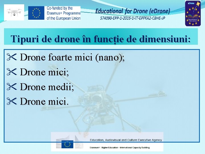Tipuri de drone în funcție de dimensiuni: Drone foarte mici (nano); Drone mici; Drone