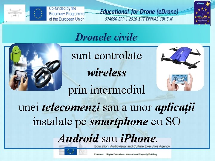 Dronele civile sunt controlate wireless prin intermediul unei telecomenzi sau a unor aplicații instalate