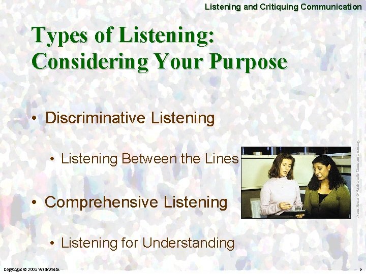 Listening and Critiquing Communication Types of Listening: Considering Your Purpose • Listening Between the