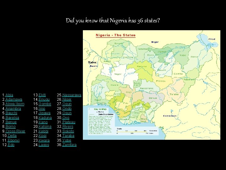 Did you know that Nigeria has 36 states? States: 1. Abia 2. Adamawa 3.