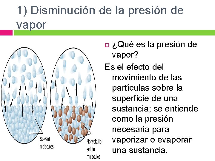 1) Disminución de la presión de vapor ¿Qué es la presión de vapor? Es