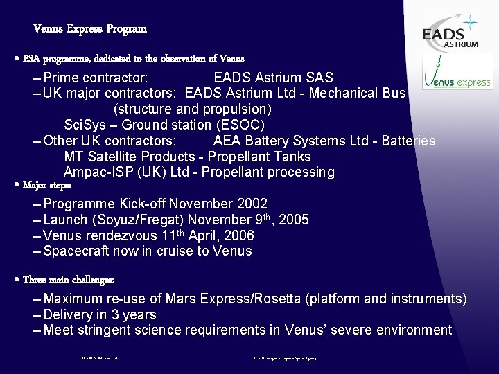 Venus Express Program · ESA programme, dedicated to the observation of Venus – Prime