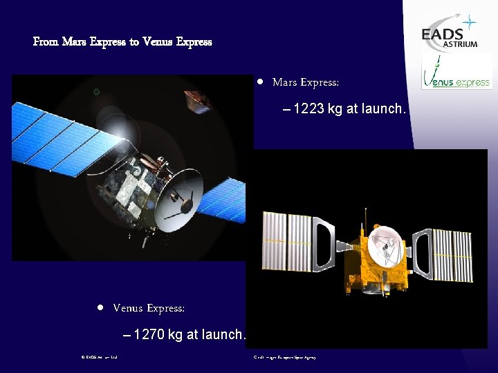 From Mars Express to Venus Express · Mars Express: – 1223 kg at launch.