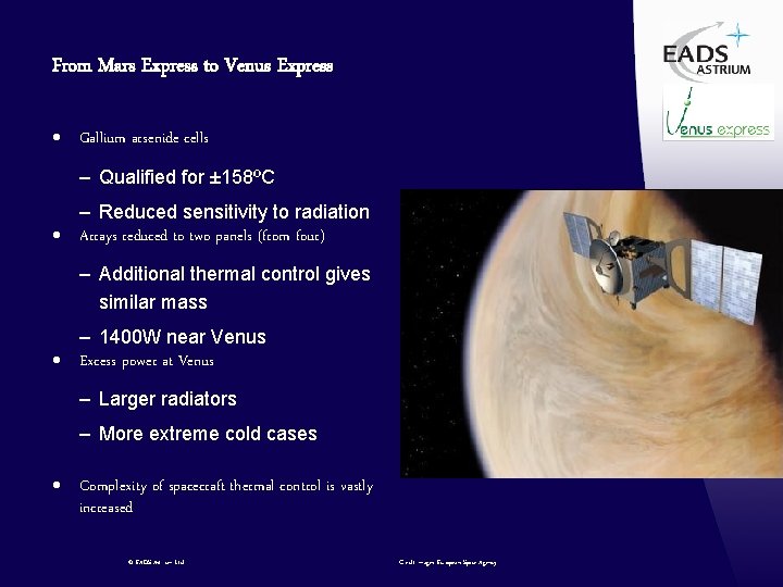 From Mars Express to Venus Express · Gallium arsenide cells – Qualified for ±