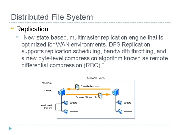 Distributed File System Replication “New state-based, multimaster replication engine that is optimized for WAN Distributed File System Replication “New state-based, multimaster replication engine that is optimized for WAN