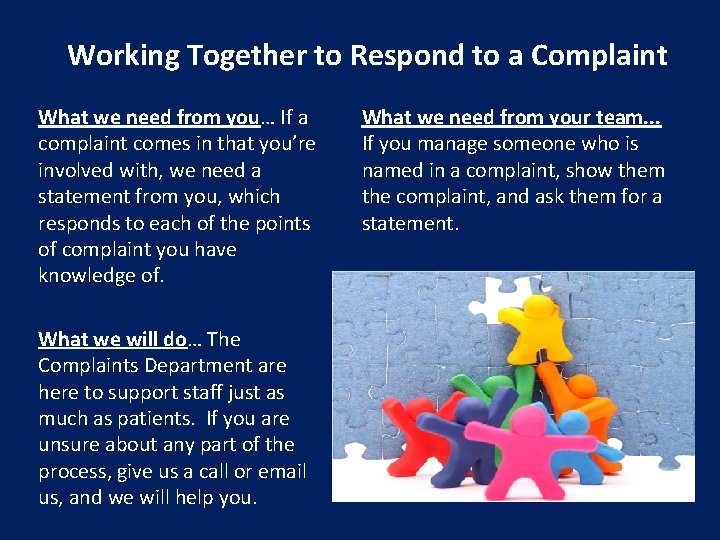 Working Together to Respond to a Complaint What we need from you… If a