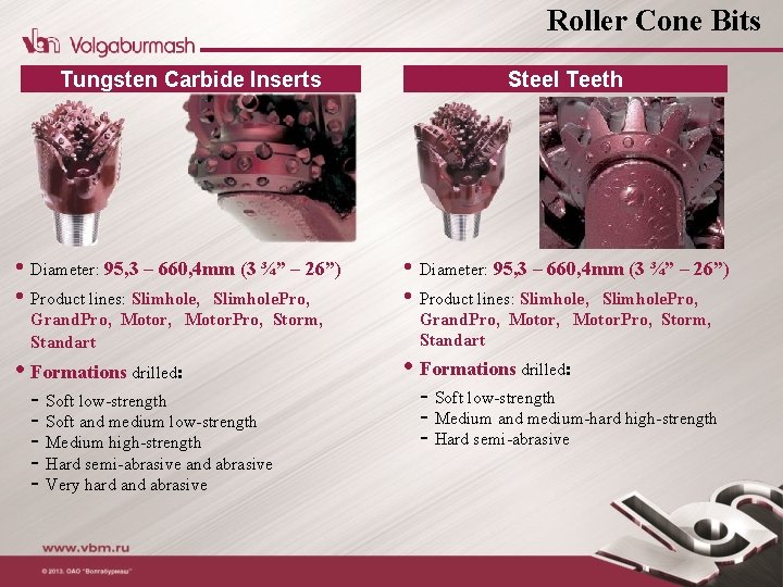 Roller Cone Bits Tungsten Carbide Inserts Steel Teeth • Diameter: 95, 3 – 660,