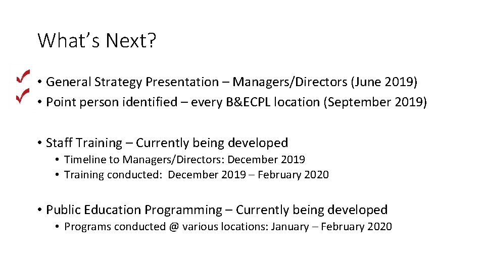 What’s Next? • General Strategy Presentation – Managers/Directors (June 2019) • Point person identified