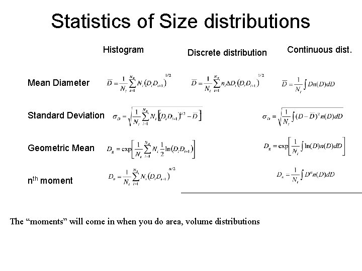 Statistics of Size distributions Histogram Discrete distribution Mean Diameter Standard Deviation Geometric Mean nth