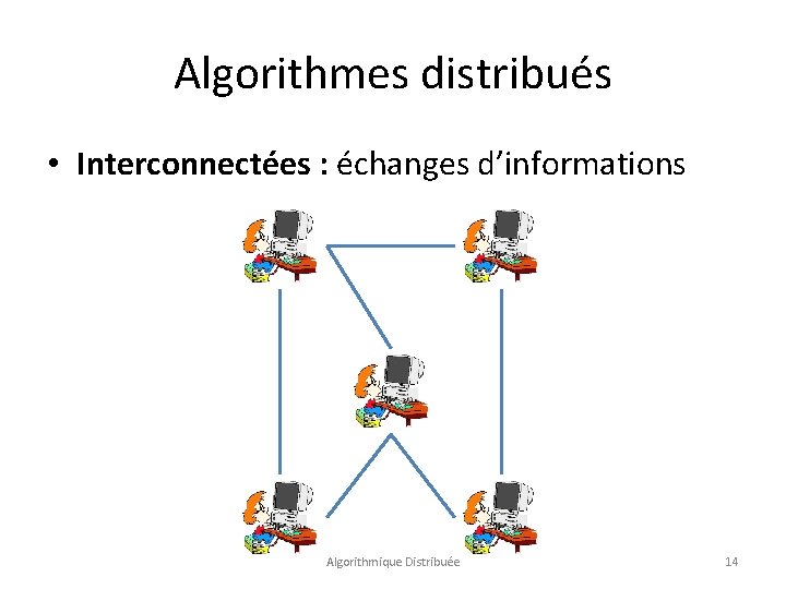 Algorithmes distribués • Interconnectées : échanges d’informations Algorithmique Distribuée 14 