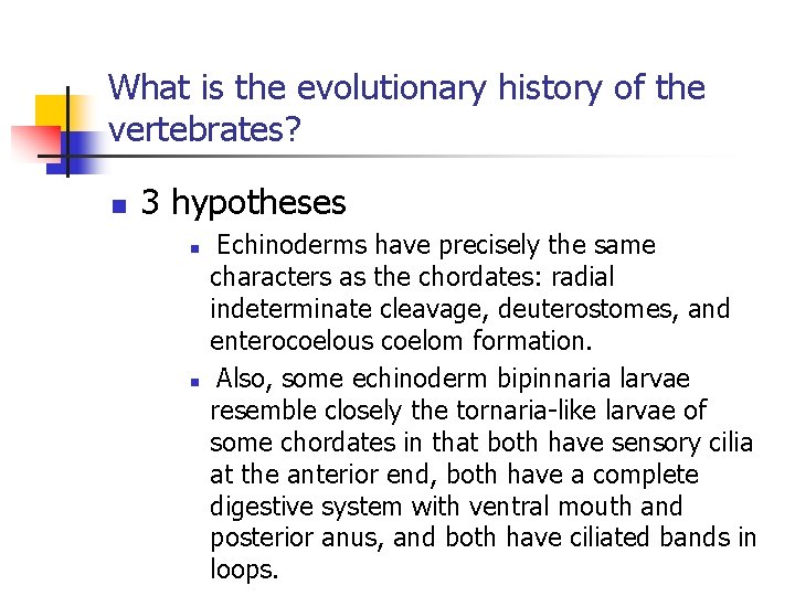 What is the evolutionary history of the vertebrates? n 3 hypotheses n n Echinoderms